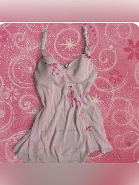 Linea donatella  Pink babydoll dress with pink bow and heart embroidery Sz L
